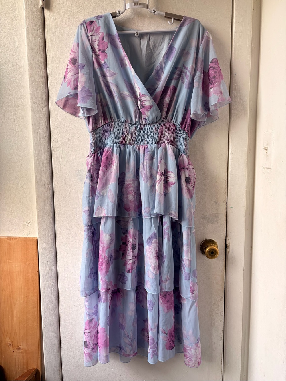 Light Blue Floral Tiered Maxi Dress with Smocked Waist